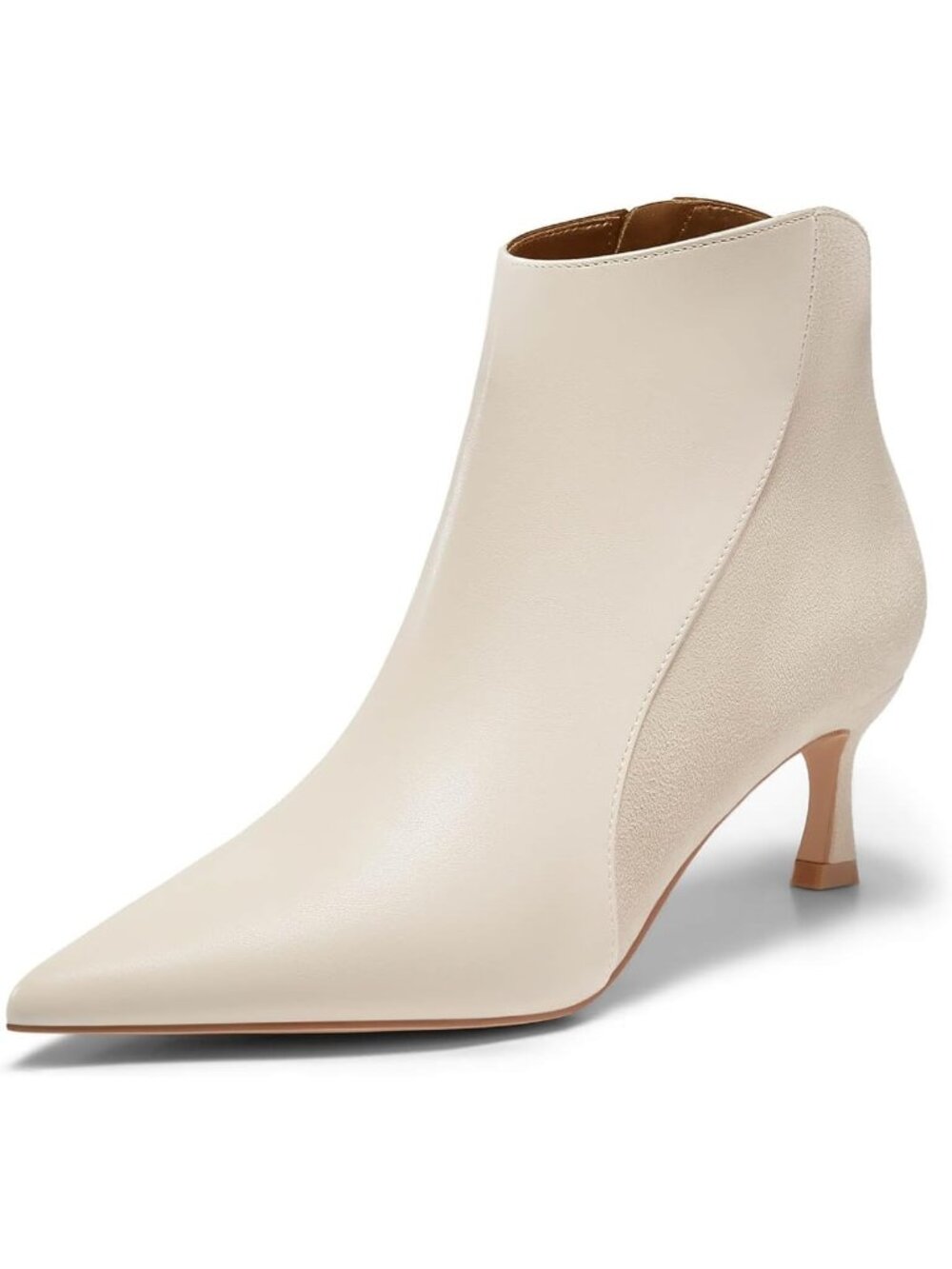 Women's Beige Faux Leather Pointed Toe Side Zipper Kitten Heel Ankle Booties